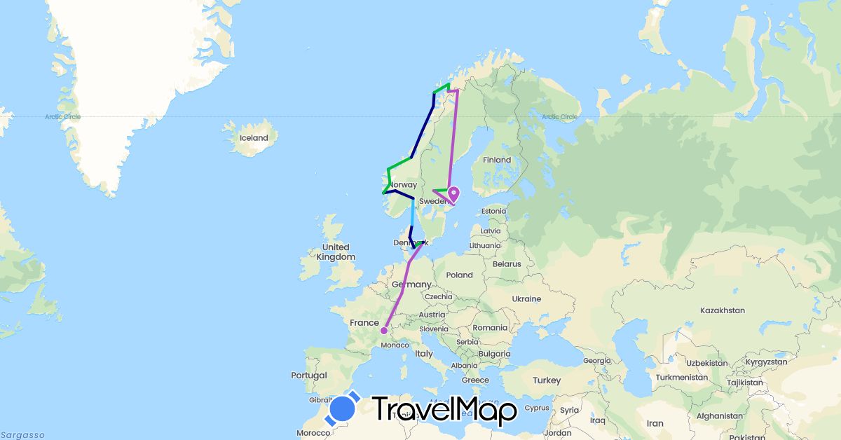 TravelMap itinerary: driving, bus, cycling, train, boat in Germany, Denmark, France, Norway, Sweden (Europe)